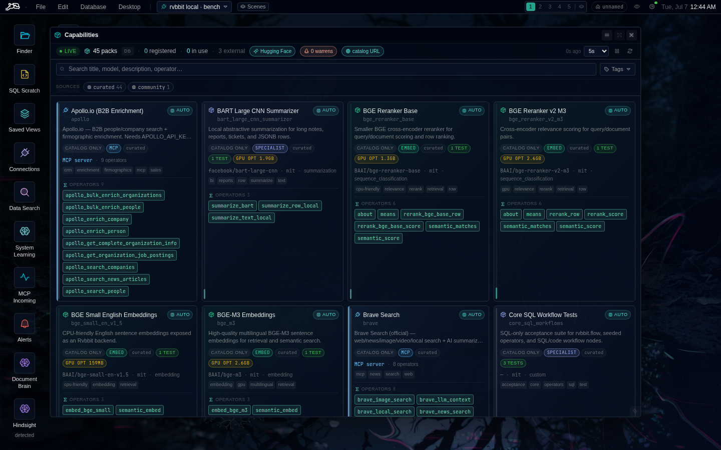 The capability catalog with packs, operators and tests