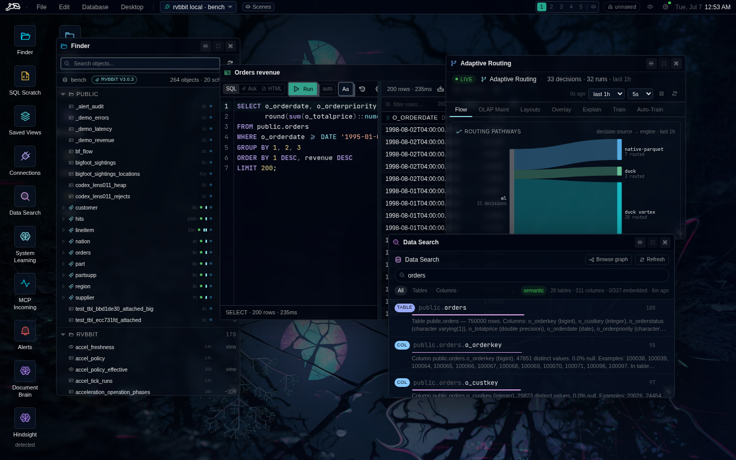 The Data Rabbit desktop: SQL windows, Finder, data search, and routing over a live RVBBIT database